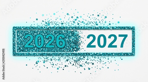 glowing digital particle progress bar loading bar visually representing the transition from the current year, 2026, into the upcoming year, 2027.