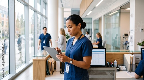 Healthcare Professional Using Digital Tablet in Modern Medical Facility