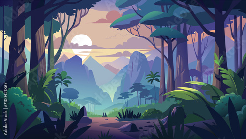 Billede på lærred Sun setting behind lush forest mountains landscape illustration with mountains l
