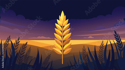 Fotografi Golden wheat stalk centered against a dramatic twilight sky and field background