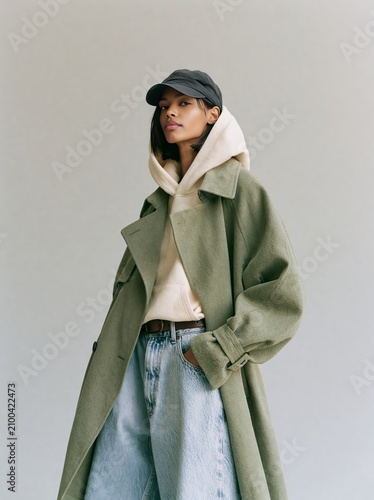 Woman wearing a long olive green trench coat over a beige hoodie and denim jeans, standing confidently with hands in pockets against a neutral background