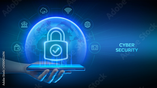 Cybersecurity concept with holographic padlock over smartphone and digital globe. Data protection, secure authentication, cloud security, online privacy and global network. Vector illustration.