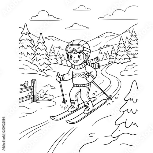 Cute Child Skiing Winter Coloring Book Page – Adorable Snow Adventure Line Art for Kids