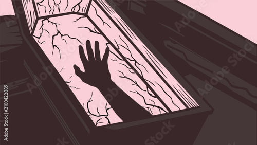 Canvastavla Silhouette of hand reaching out from inside of wooden coffin with silhouette sup