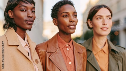 Three women in coordinated early autumn outfits stand together outdoors, showcasing stylish jackets and blouses against a blurred urban background