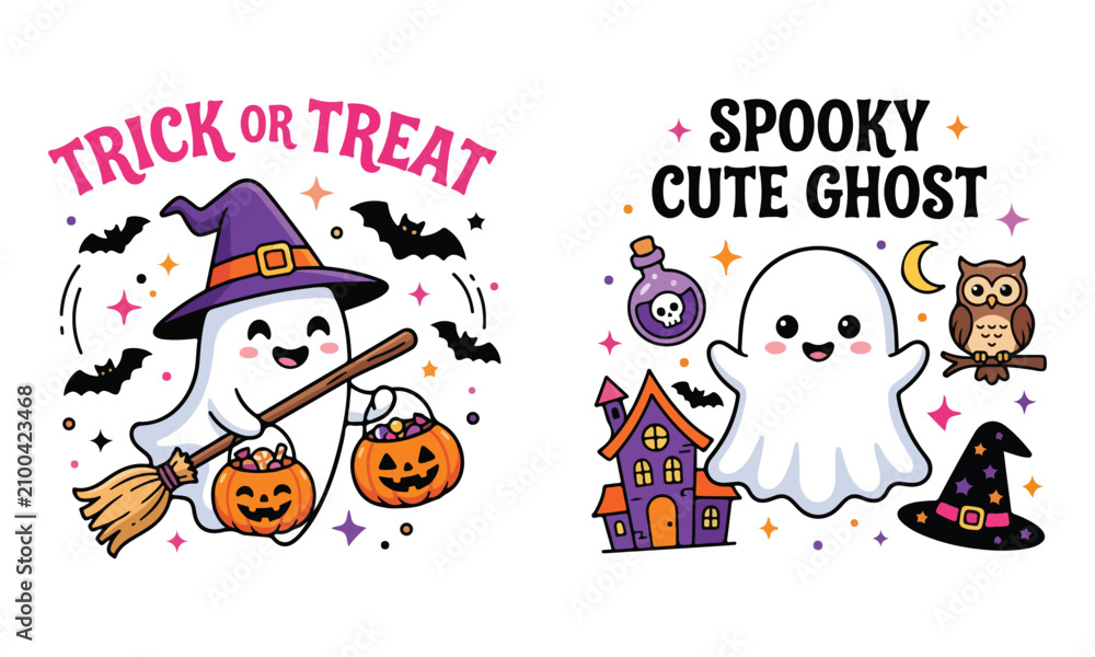 Fototapeta premium Charming halloween ghost illustrations with witch and haunted house elements