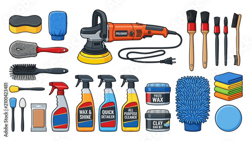 A collection of car detailing tools and supplies arranged on a surface.