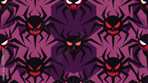 Cuadro en lienzo Spooky seamless pattern design featuring scary monster spiders on dark purple ba