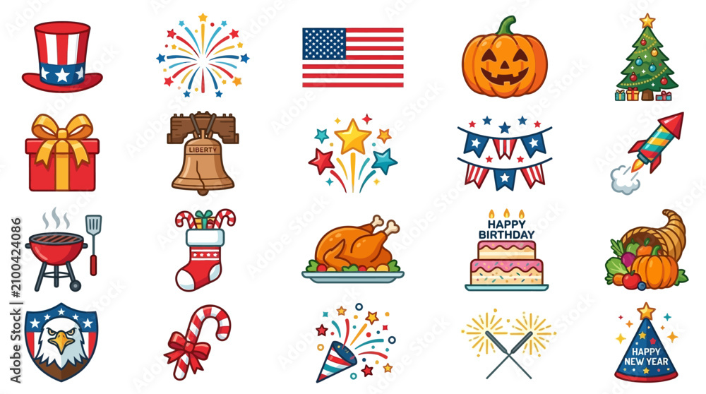 Fototapeta premium A colorful illustration of various holiday icons and symbols arranged in rows on a white background with a pumpkin, cake, fireworks, and gift.