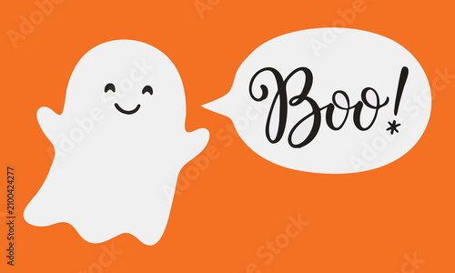 Quadro su tela Cute ghost with speech bubble saying boo halloween illustration