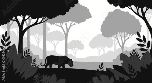 Foto Silhouette of a majestic panther prowling through a dense misty tropical jungle