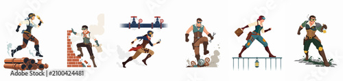 фотографія Collection of diverse steampunk characters in dynamic action poses, including explorers, mechanics, and adventurers, isolated on white background