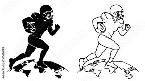 Foto Football Player Silhouette With World Map Black And White Illustration