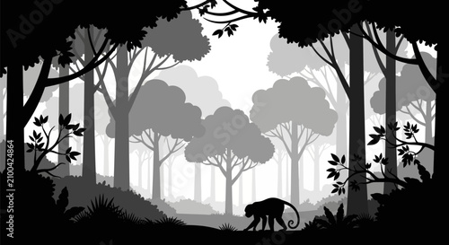 Photography Monochrome Jungle Landscape Featuring a Silhouette of a Monkey Exploring a Misty