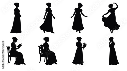 Bild auf Leinwand Set of eight black silhouettes of women in vintage dresses from the regency era,
