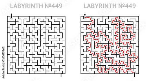 Maze challenge with answers. Square labyrinth 21x21 with solution. Ready to use geometric texture for printing.
