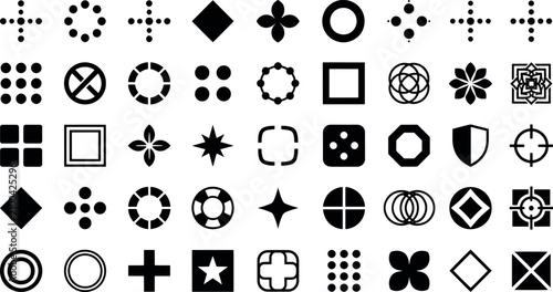 Selection of black vector UI icons and abstract design elements for web and app interfaces with elements geometric minimalist interface navigation controls collection template