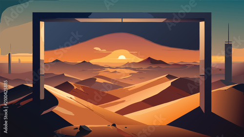 Framed cinematic sunset view over desert mountains landscape with landscape mountains environment wilderness twilight panoramic perspective adventure exploration serenity dramatic sunlight