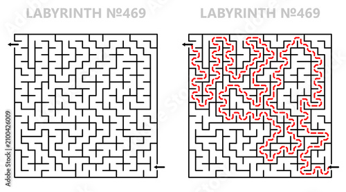 Solved maze vector 21x21 with answer key. Square labyrinth for kids activity. Maze challenge with answers. Easy to use.
