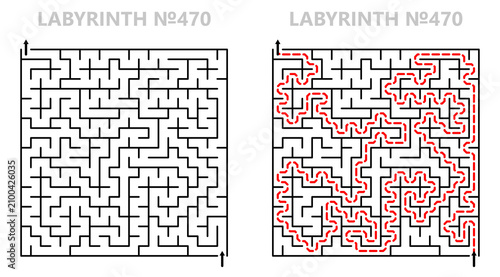 Solved maze vector 21x21 with answer key. Square labyrinth for kids activity. Maze challenge with answers. Easy to use.