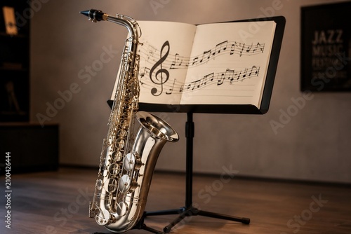Cuadro en lienzo Polished silver saxophone leaning against music stand with sheet music