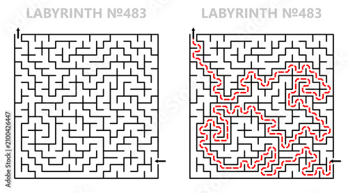 Square labyrinth 21x21 with solution. Maze for kids activity. Labyrinth game grid with answers. Medium difficulty.