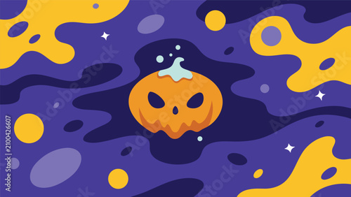 Halloween jack o lantern floating in a dark cosmic nebula with bright yellow fluid shapes and stars halloween jackolantern abstract background illustration celebration atmosphere creative
