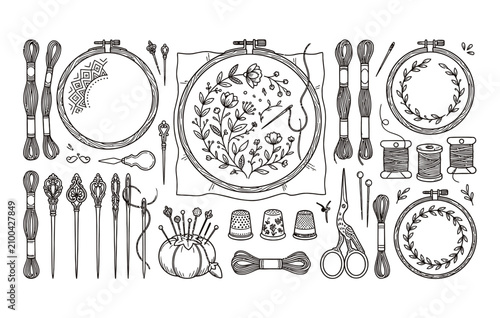Tableau sur toile Artistic embroidery tools pack showcasing detailed floral motif hoops thread ske