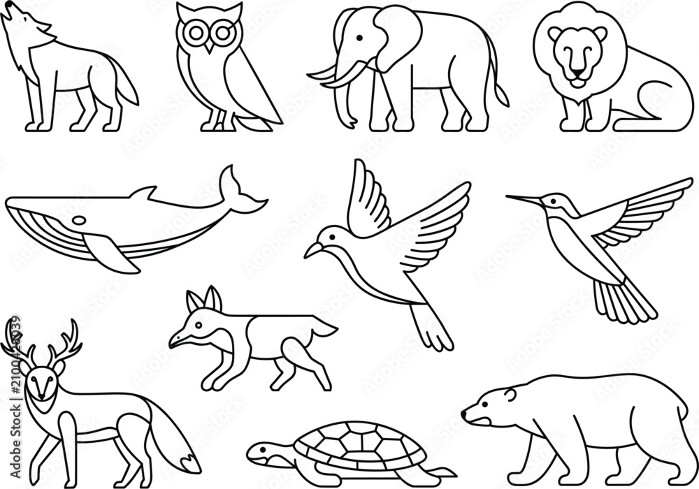 Obraz premium Collection of black and white line depicting various wild animals, including a wolf, owl, elephant, lion, and whale, isolated