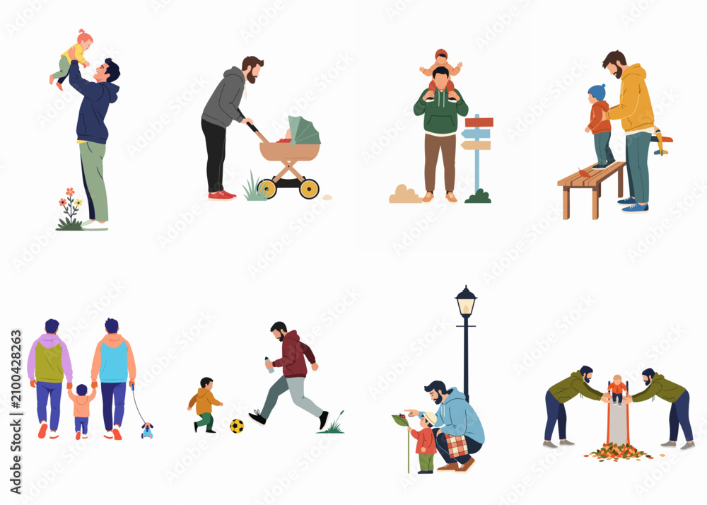 Fototapeta premium A collection of flat illustrations showing various fathers and same-sex parents spending quality time with their children in diverse outdoor settings.