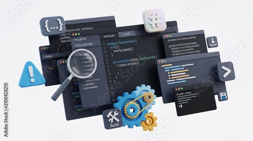 3D render of coding modules and software development tools including debug icons, build gears, code snippets and programming interface elements
