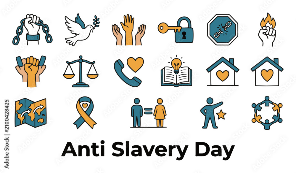 Fototapeta premium Anti Slavery Day Vector Icons Set. Human Rights, Freedom, Justice and Equality Symbols.