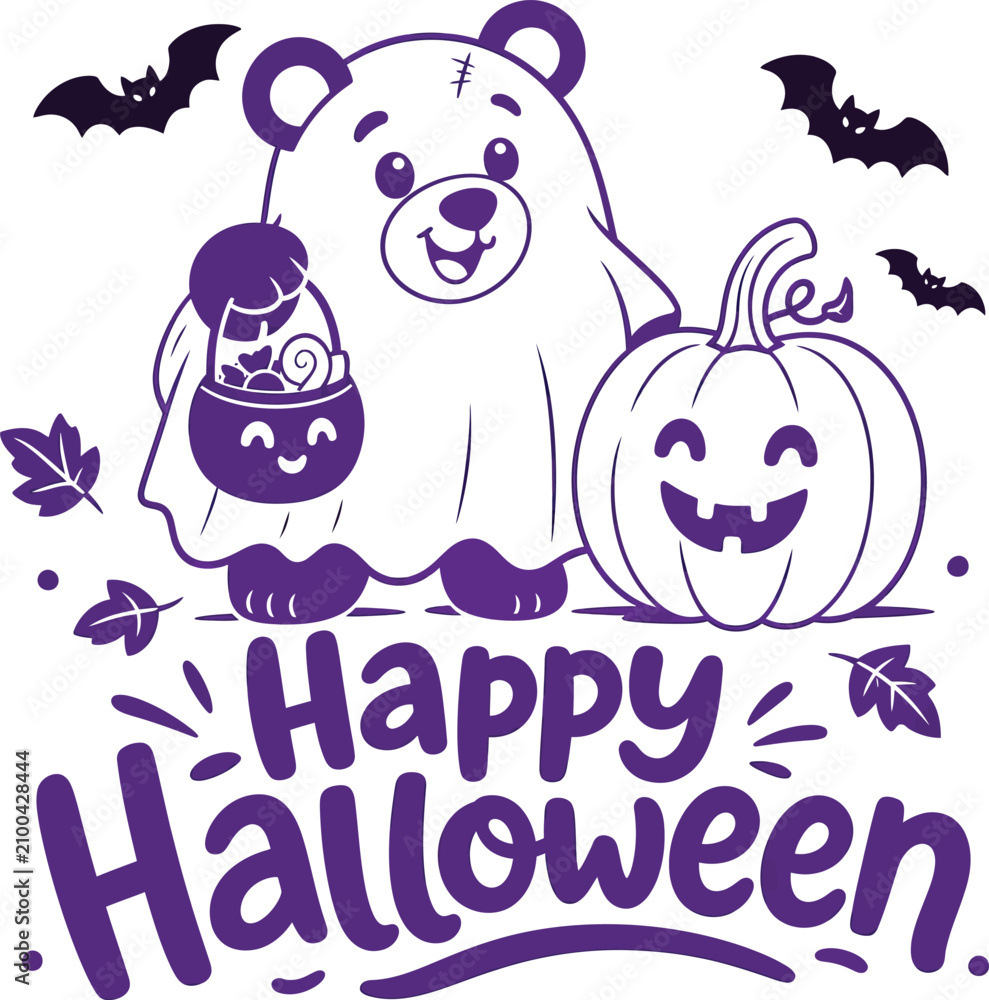 Obraz premium Purple cartoon ghost with candy bag and pumpkin for halloween greeting purple ghost