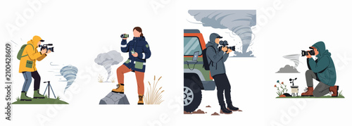 Schilderij op canvas Set of illustrations depicting storm chasers, researchers, and meteorologists filming and documenting tornadoes and extreme weather events in various outdoor settings