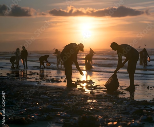Beach Cleanup Initiative at Sunset with Volunteers Collecting Trash