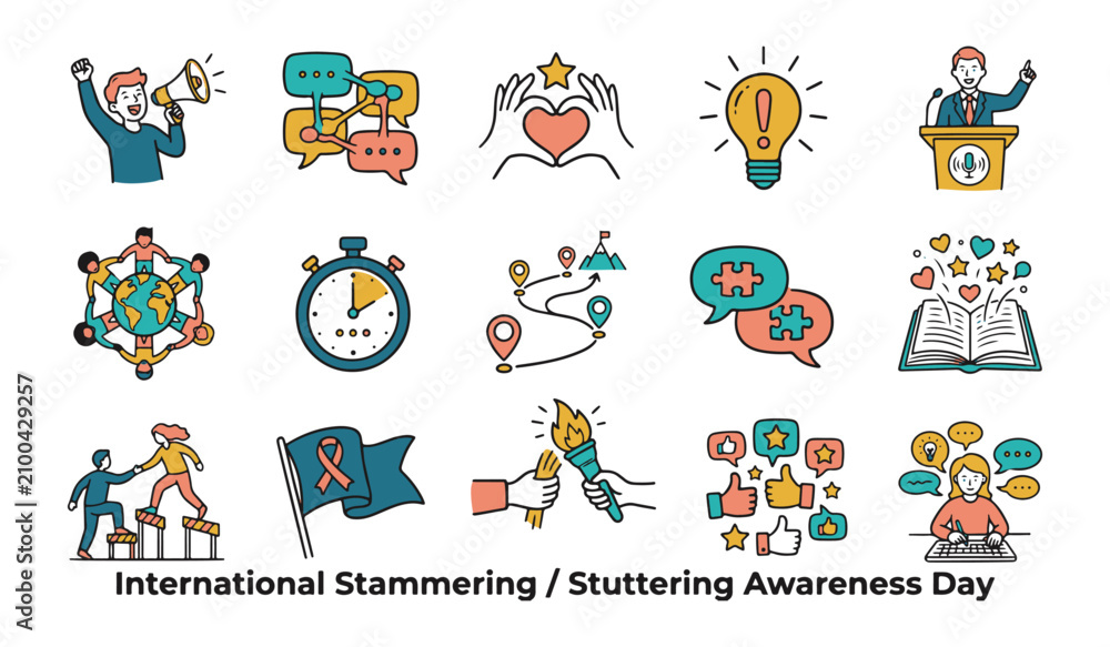 Fototapeta premium Vector Line Icon Set for International Stammering / Stuttering Awareness Day, Communication, and Speech Support