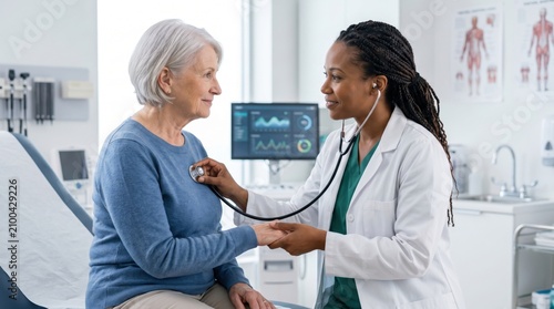 Female doctor examining elderly patient with stethoscope in clinic, compassionate healthcare professional listening to senior woman's heartbeat during medical checkup in bright ...