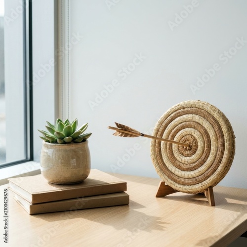 Minimalist Office Desk with Woven Target Bullseye and Arrow Representing Strategic Business Success and Goal Achievement, Sustainable Workspace with Succulent and Copy Space