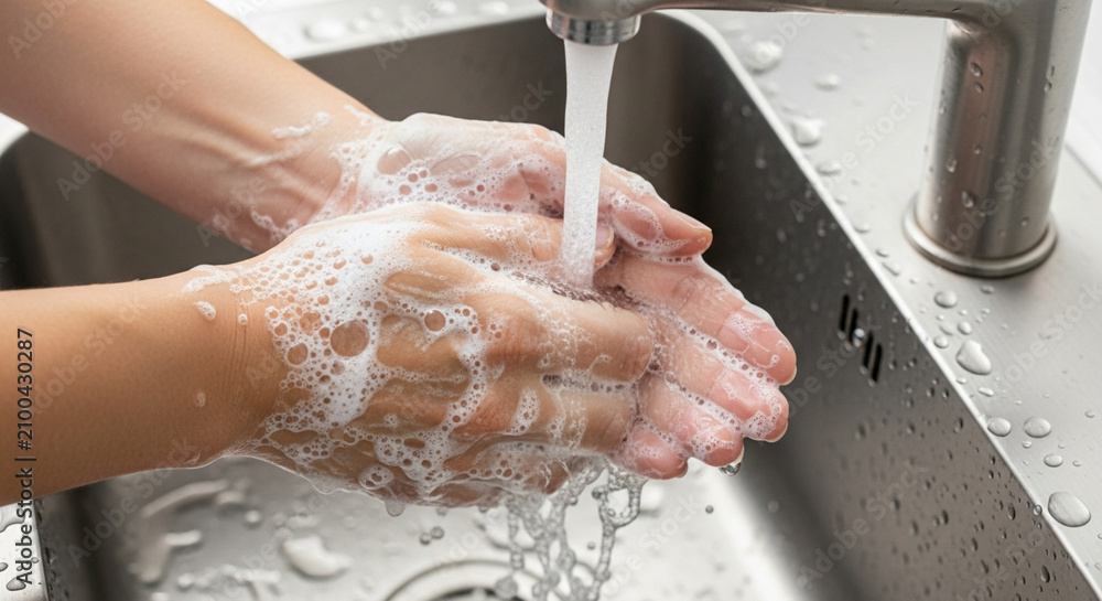 Fototapeta premium Washing Hands With Soap And Water Under Kitchen Faucet