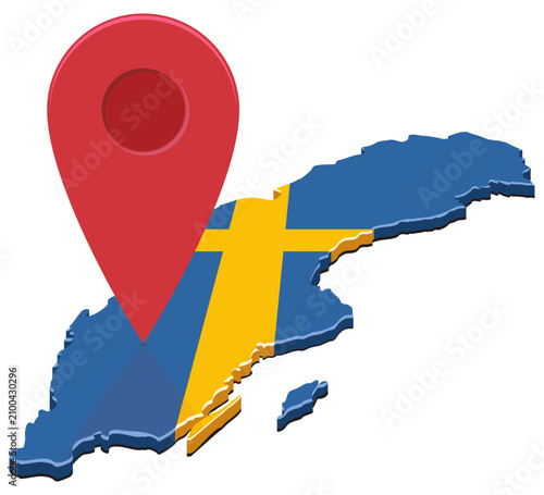 Obraz na plátne 3D isometric map of Sweden textured with national flag and a large red pointer m