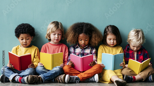 Diverse group of young children sitting together while reading colorful books in studio on white background