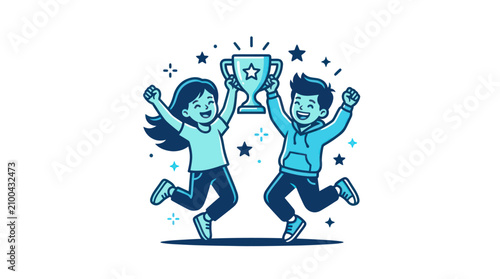 Billede på lærred Two people celebrating with trophy.