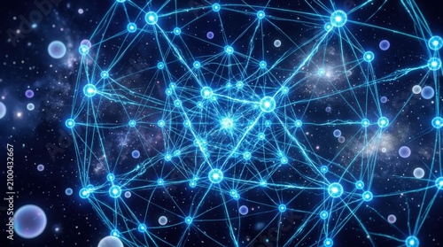 An intricate glowing blue network of interconnected nodes and lines, symbolizing data, technology, and abstract connectivity in a dark, cosmic-like space.