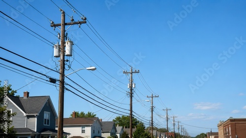 Residential power distribution lines and utility poles along suburban neighborhood street under blue sky