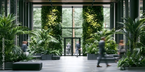 Modern Indoor Garden with Lush Green Plants and Glass Entrance