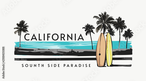 California slogan with beach and surfboard vector illustration - drawn by hand