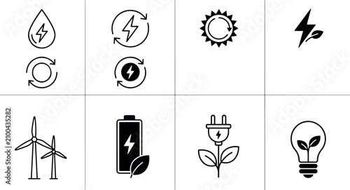 Clean energy and sustainable power source line icon set with renewable source eco friendly green energy electric plug environmentally friendly sustainable renewable electric resource