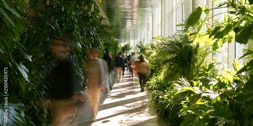 Lush Indoor Garden Pathway with People Walking in Motion Blur