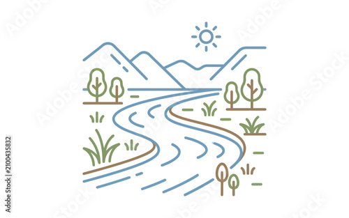 Winding River Mountain Landscape Vector Illustration