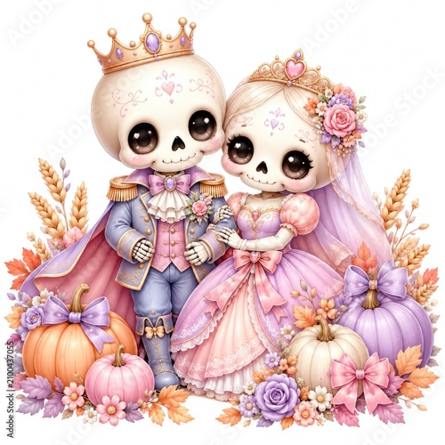 Cute couple skeletons in royal attire, surrounded by pumpkins and flowers, perfect for Halloween festivities.